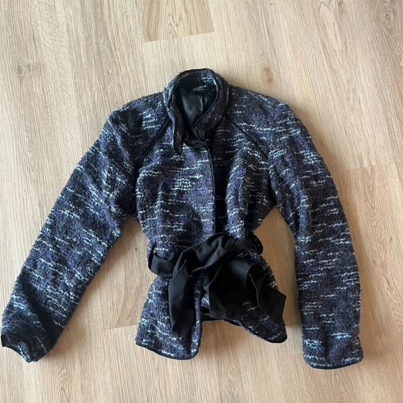 Sandro Sportswear Black and Blue Textured Wool Blend Blazer Jacket Waist Tie L - Picture 1 of 9